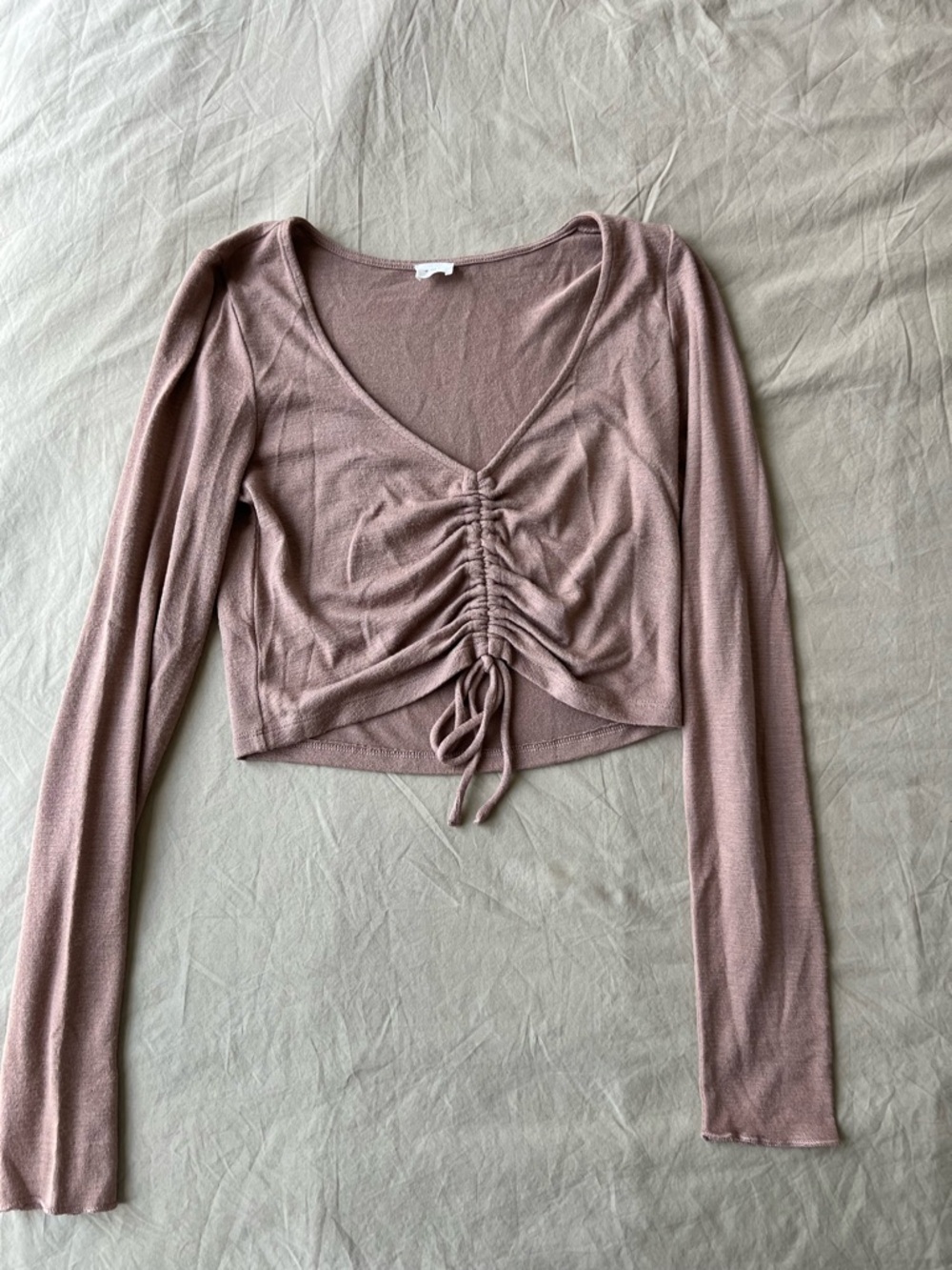 Wilfred Ruched V-Neck Long Sleeve Crop Top - Brown